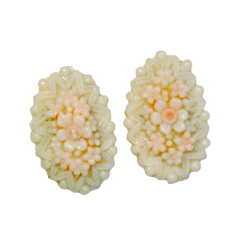 Occupied Japan Clip On Earrings, Floral Celluloid, Vintage 40s 50s, Kitschy Cute